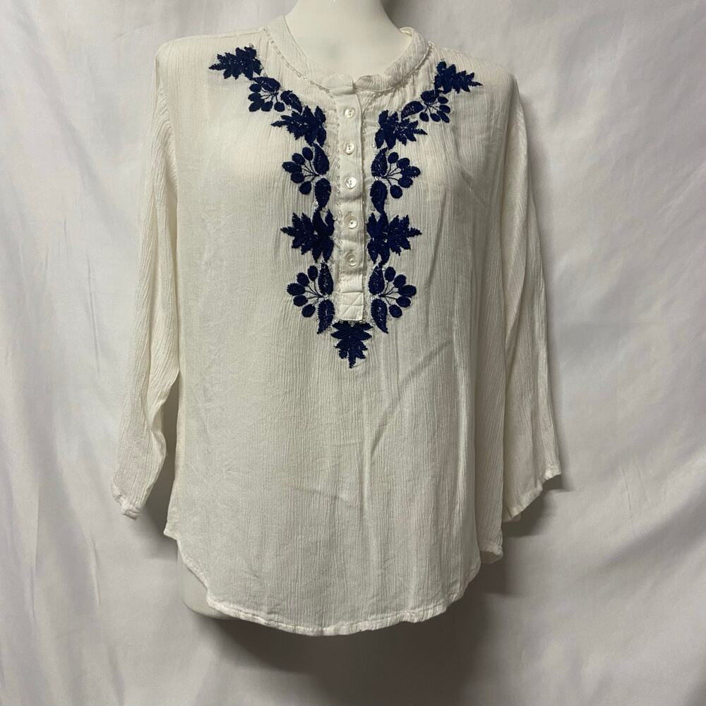 Bohemian Café Blouse Top White Embroidered Size S Tie Front Boho Hippie